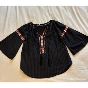 Women's Top Large Black Pheasant Blouse Embroidered Bell Sleeves Boho Tassels